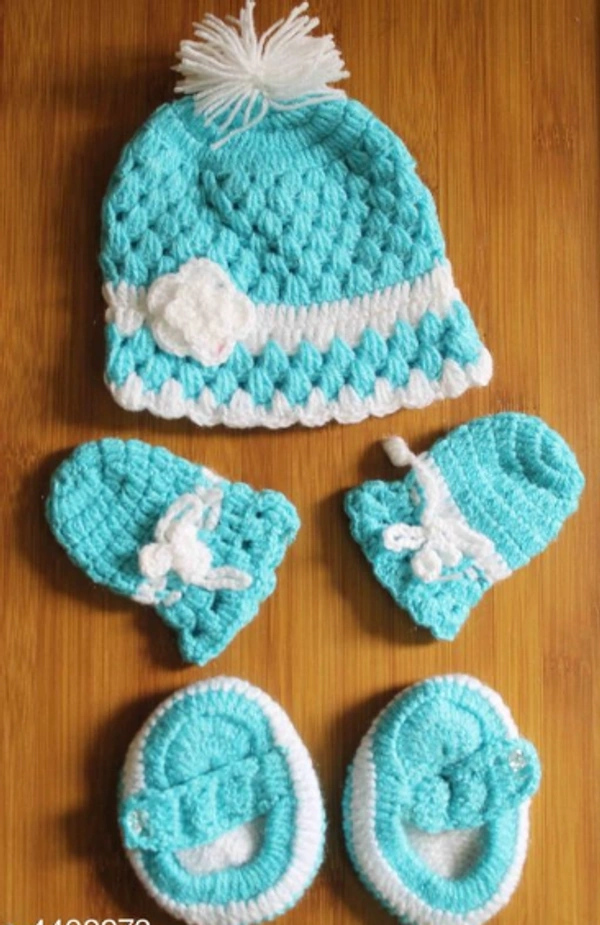 Trendy Wool Infants Caps Combo 1 Piece Of Baby Cap  1 Pair Of Baby Booties & 1 Pair Of Baby Mittens - 6-12 Months